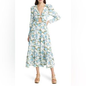 (SOLD) NWT Charles Henry Floral Twist Front Cutout Long Sleeve Midi Dress in Ivo